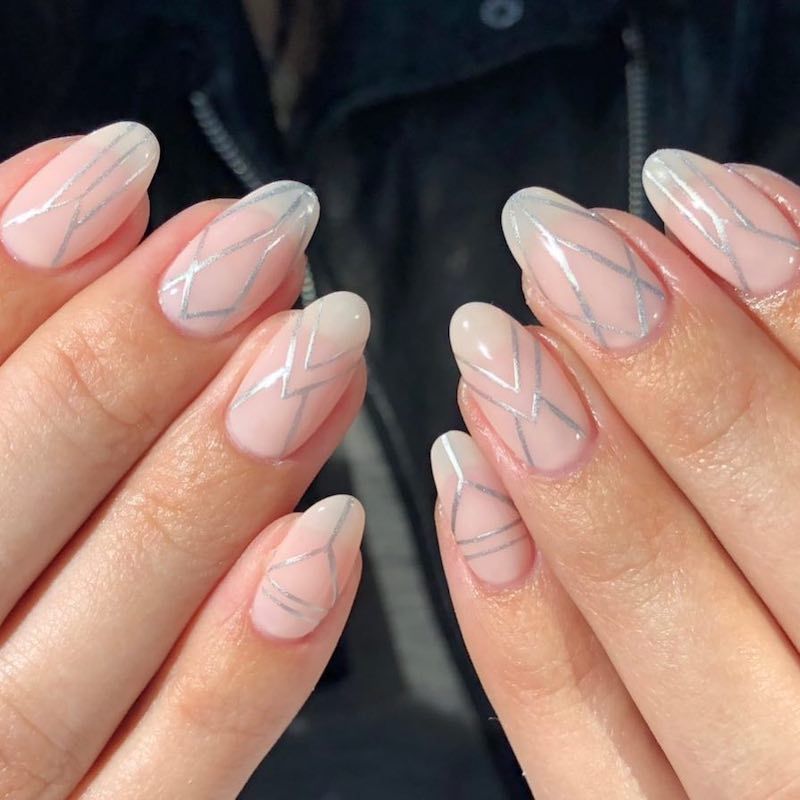 Blush Base with Silver Lines nail art
