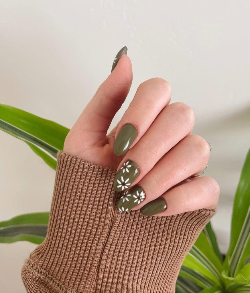 Olive Green Floral Nails